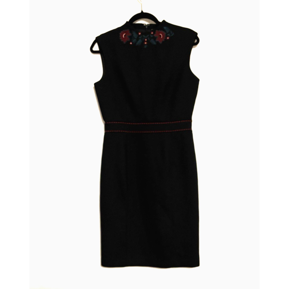 Brooks Brothers Dress 6 Bodycon Knee Black Wool Blend High Neck Embroidered